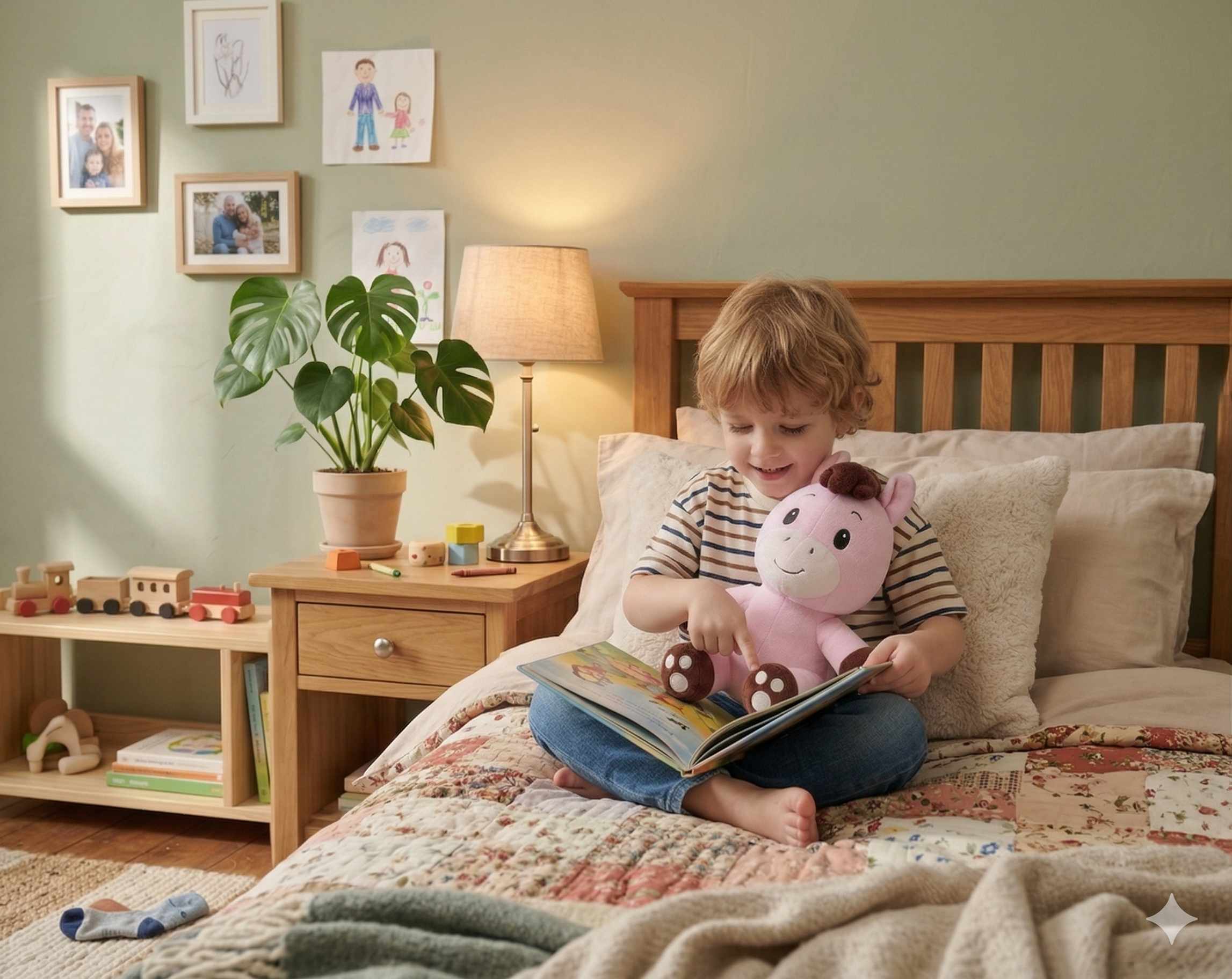 금발 남자아이가 Joy와 함께 책을 보는 모습