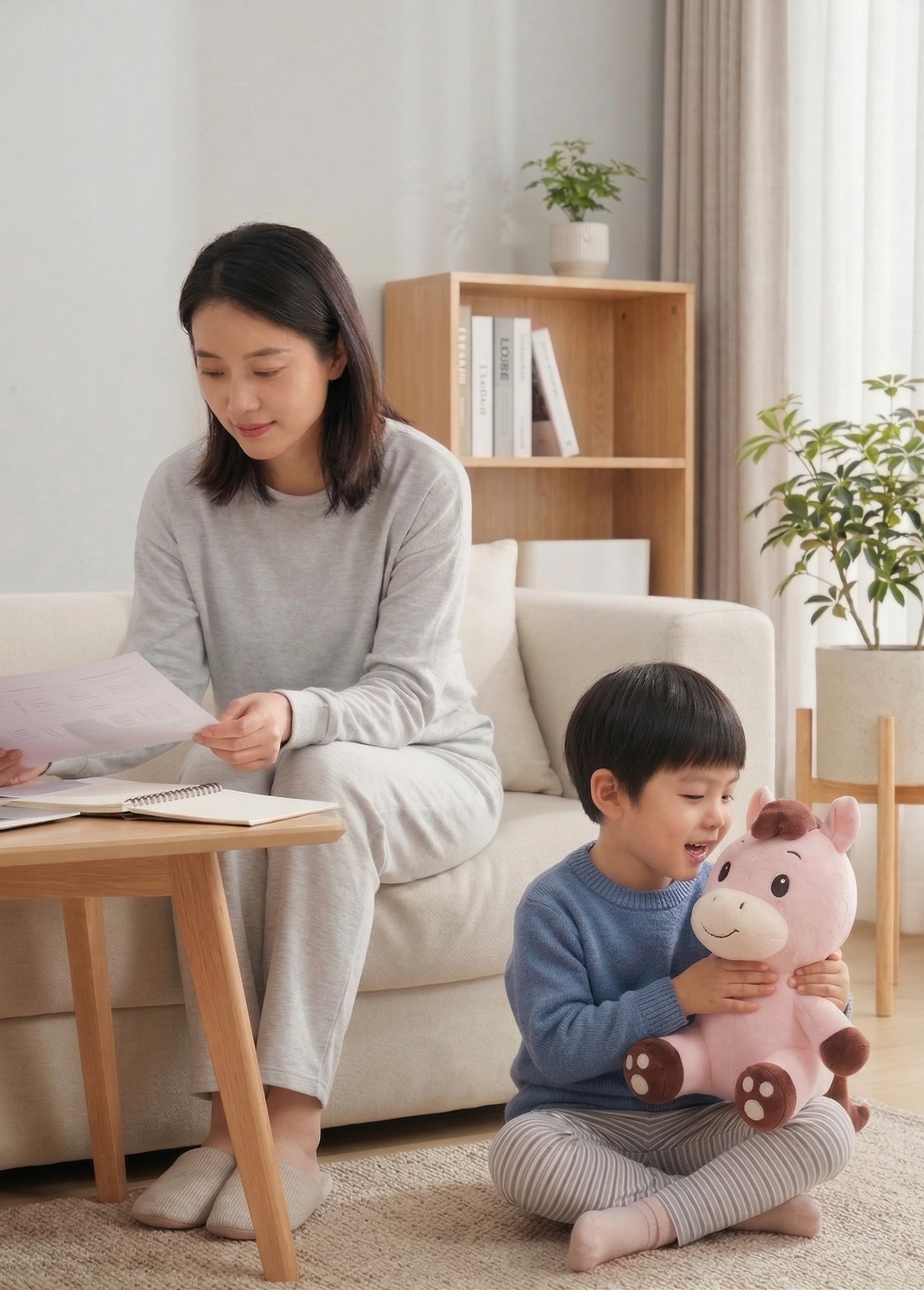 엄마가 일하는 동안 남자아이가 Joy와 함께 있는 모습