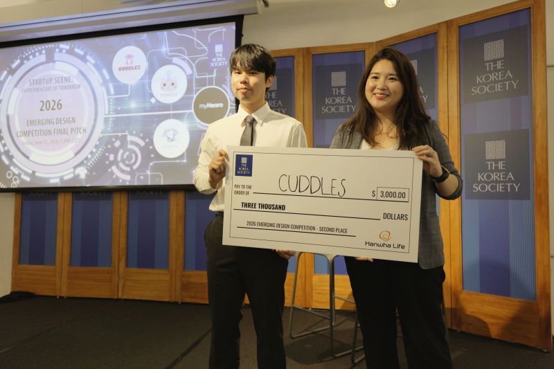 Second place at the 2026 Emerging Design Competition hosted by The Korea Society — Cuddles receiving the $3,000 prize